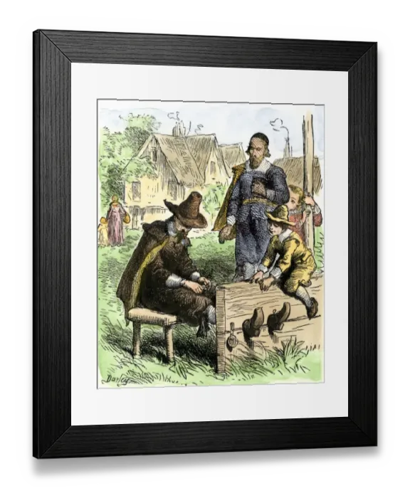 Framed Print : Puritan in the stocks as punishment in Massachusetts, 1600s Framed Print : Puritan in the stocks as punishment in Massachusetts, 1600s