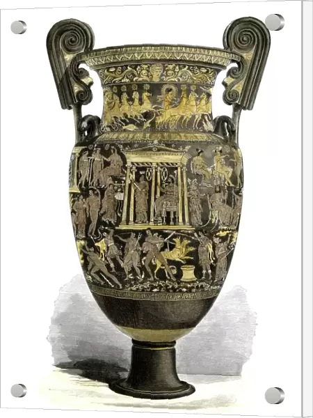Greek urn. Richly decorated Greek urn.. Hand-colored 19th-century woodcut