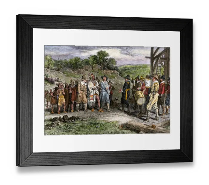 Framed Print : Massasoit visiting Plymouth colonists Framed Print : Massasoit visiting Plymouth colonists