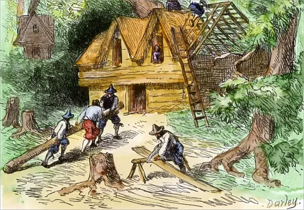 Plymouth colonists building homes