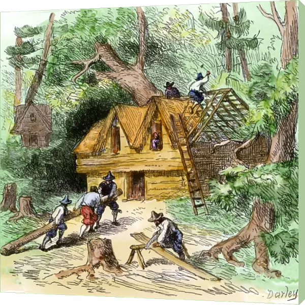 Plymouth colonists building homes