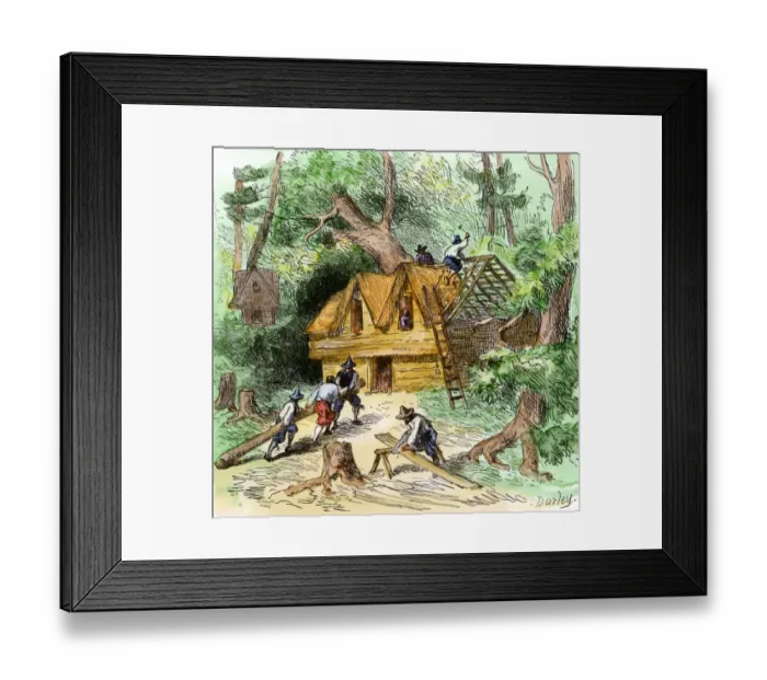 Framed Print : Plymouth colonists building homes Framed Print : Plymouth colonists building homes