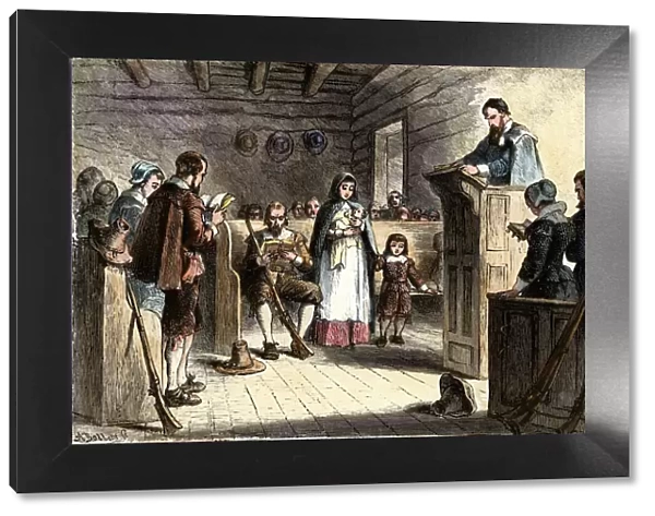 Plymouth colonists in church, 1620s