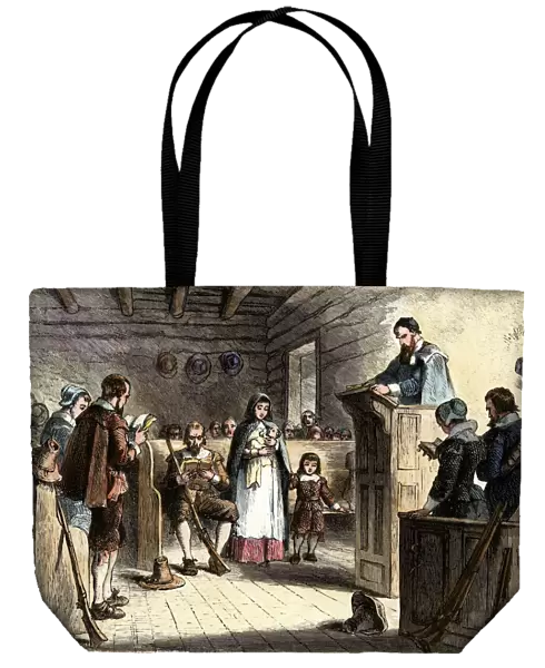 Plymouth colonists in church, 1620s