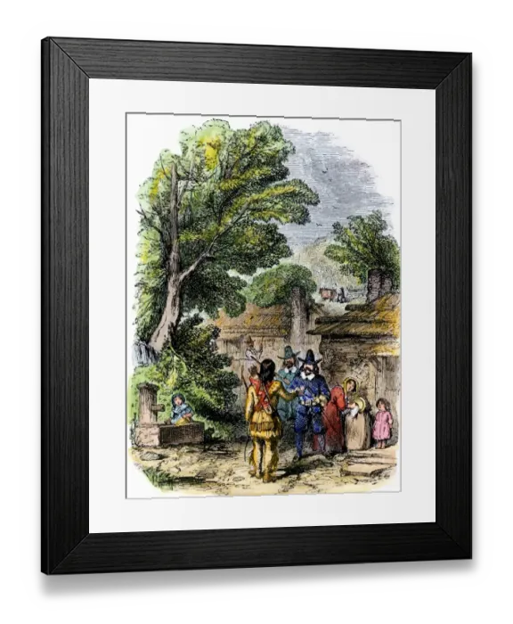 Framed Print : Squanto befriends the colonists at Plymouth, 1620s Framed Print : Squanto befriends the colonists at Plymouth, 1620s