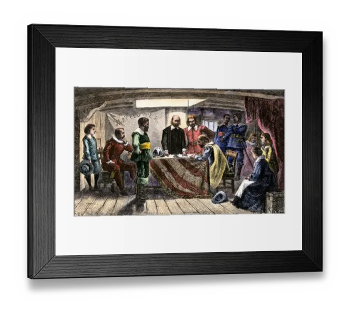 Framed Print : Mayflower Compact signed by the Plymouth colonists, 1620 Framed Print : Mayflower Compact signed by the Plymouth colonists, 1620