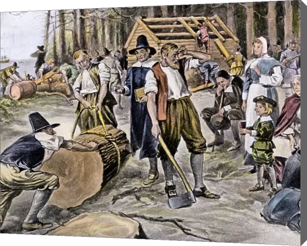 Colonists building their homes at Plymouth, 1620s