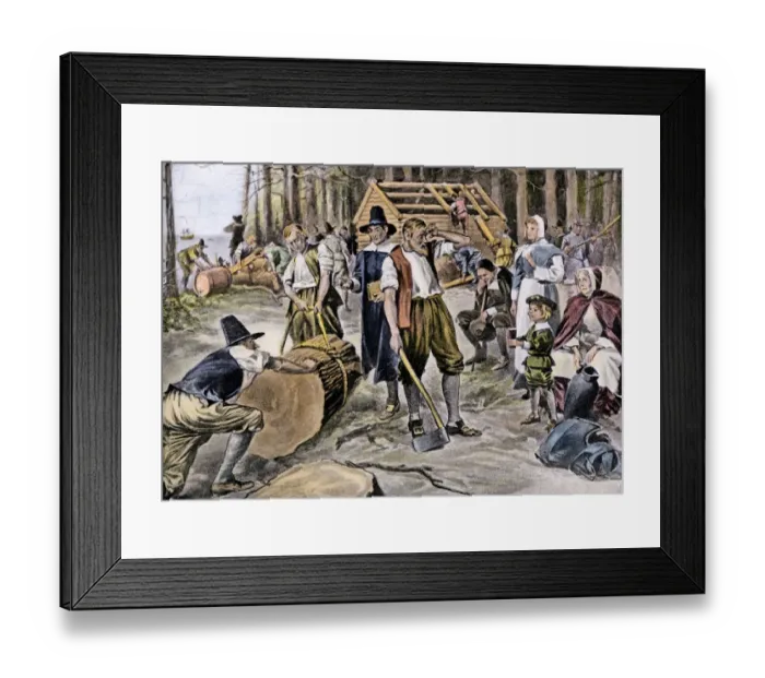 Framed Print : Colonists building their homes at Plymouth, 1620s Framed Print : Colonists building their homes at Plymouth, 1620s