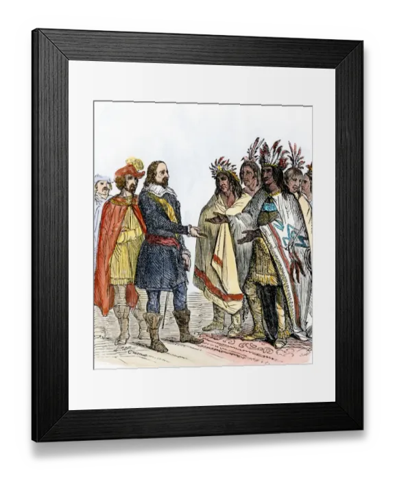 Framed Print : Wampanoags and Plymouth colonists pledge peace, 1621