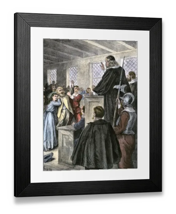 Framed Print : Colonial courtroom in Puritan Massachusetts, 1600s Framed Print : Colonial courtroom in Puritan Massachusetts, 1600s