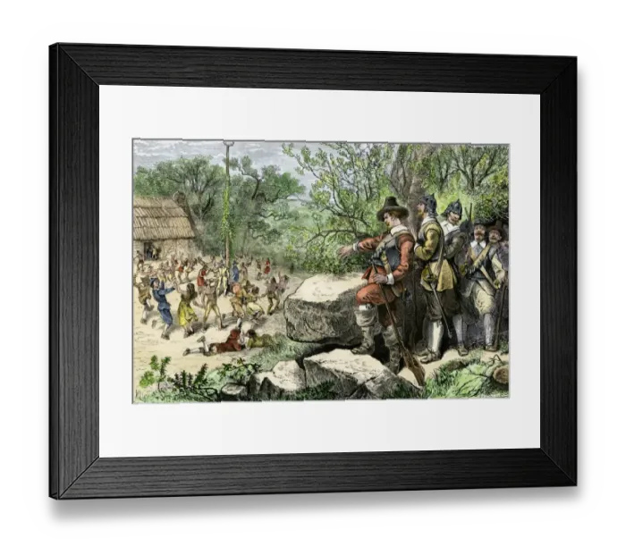 Framed Print : Revelry at Merrymount in colonial Massachusetts, 1600s Framed Print : Revelry at Merrymount in colonial Massachusetts, 1600s