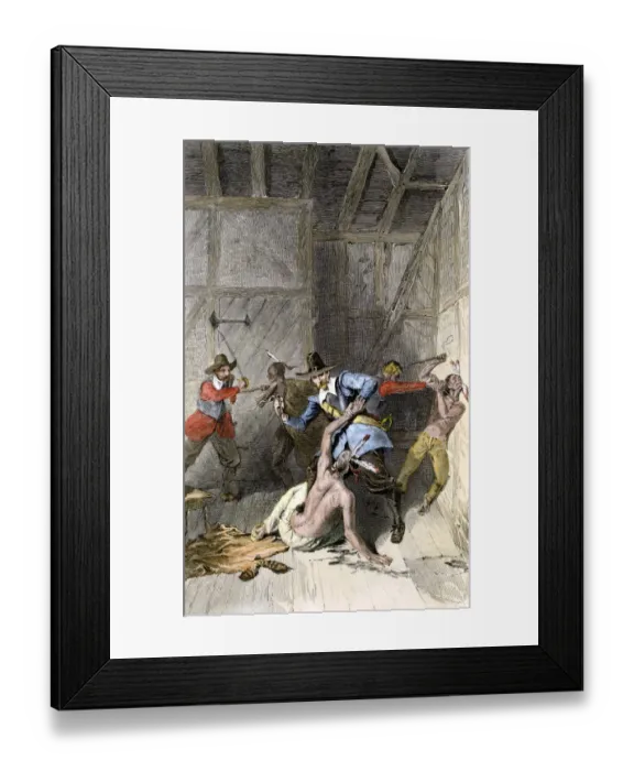Framed Print : Native Americans battling Plymouth colonists, 1620s Framed Print : Native Americans battling Plymouth colonists, 1620s