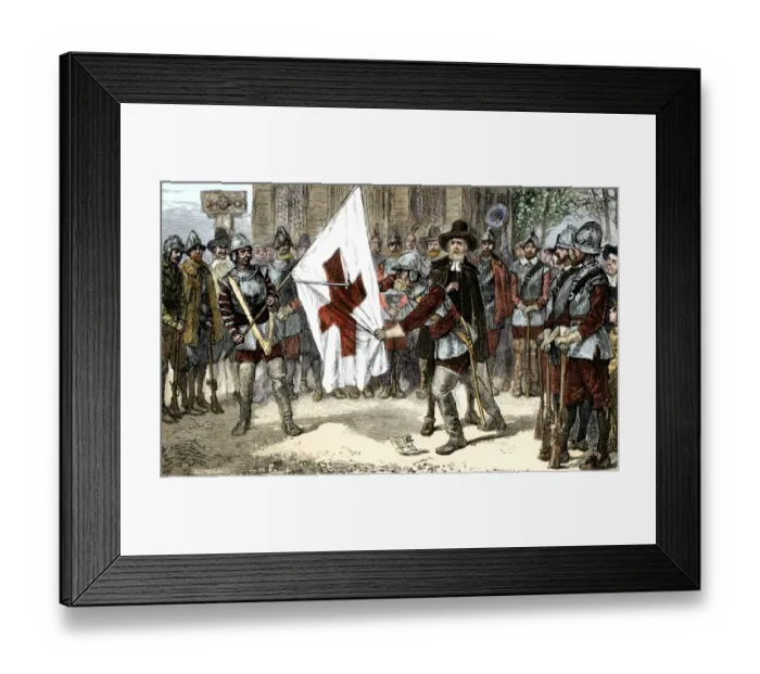 Framed Print : Massachusetts Puritans removing the cross from the English flag