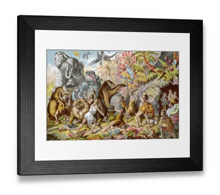 Framed Print : Cave men battling prehistoric beasts Framed Print : Cave men battling prehistoric beasts