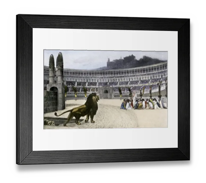 Framed Print : Christians attacked by a lion in ancient Rome Framed Print : Christians attacked by a lion in ancient Rome