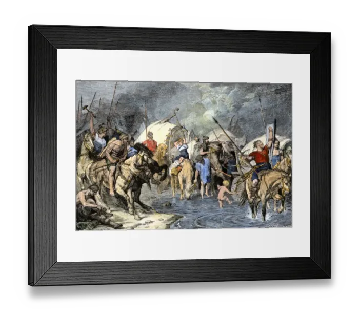 Framed Print : Teutonic tribes entering Gaul in ancient times
