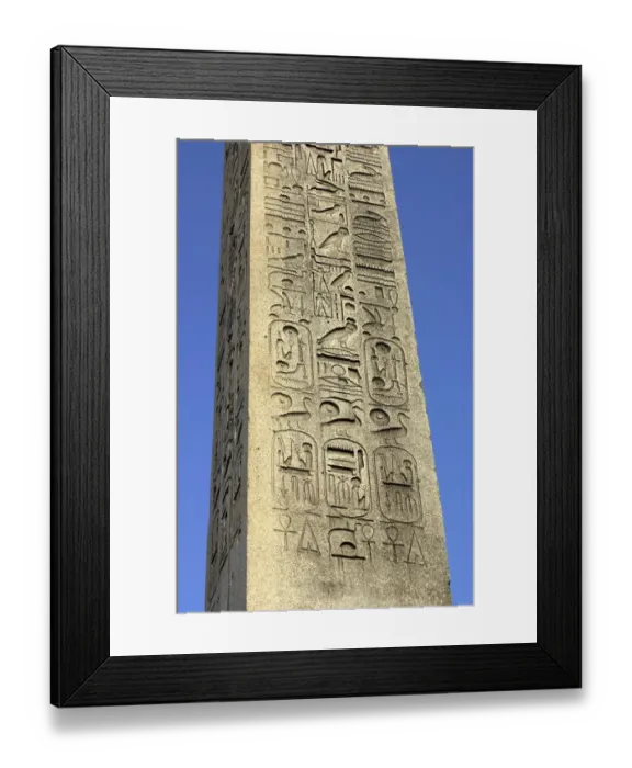 Framed Print : Ancient Egyptian hieroglyphics on an obelisk in Paris