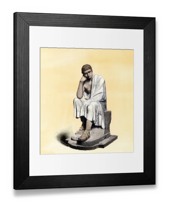 Framed Print : Aristotle, seated. Hand-colored woodcut of a 19th-century illustration Framed Print : Aristotle, seated. Hand-colored woodcut of a 19th-century illustration
