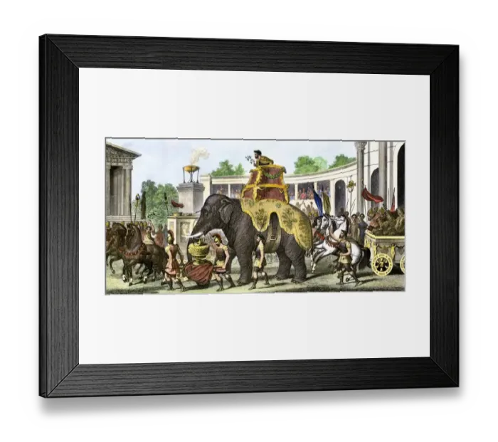 Framed Print : Victorious Hannibal on an elephant bringing trophies