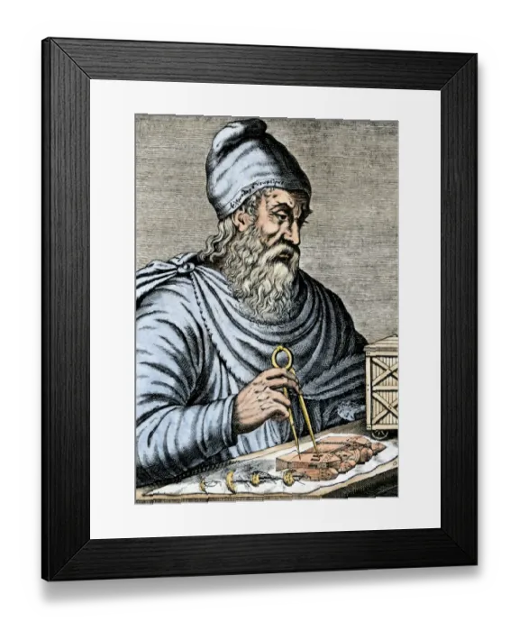 Framed Print : Archimedes using calipers to plan raising water with the Archimedean screw in