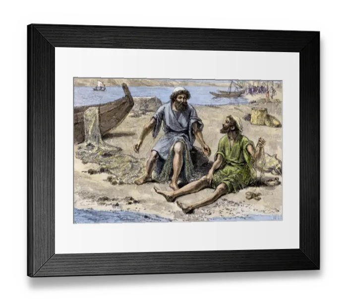 Framed Print : Peter and Andrew mending their nets by the Sea of Galilee before becoming Framed Print : Peter and Andrew mending their nets by the Sea of Galilee before becoming