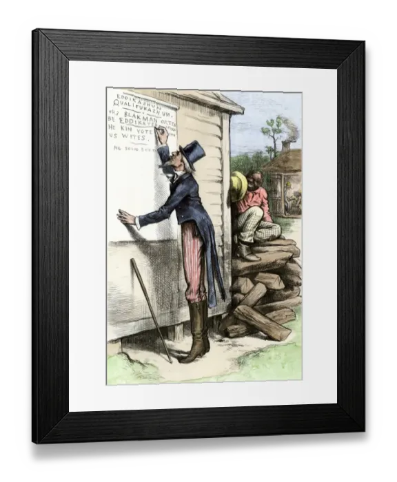 Framed Print : Cartoon about literacy tests in the South, 1870s