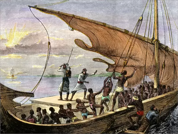 Slave-ship hoisting sail, 1800s