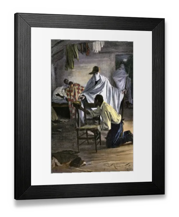 Framed Print : KKK murderers visit a black familys cabin, 1800s Framed Print : KKK murderers visit a black familys cabin, 1800s