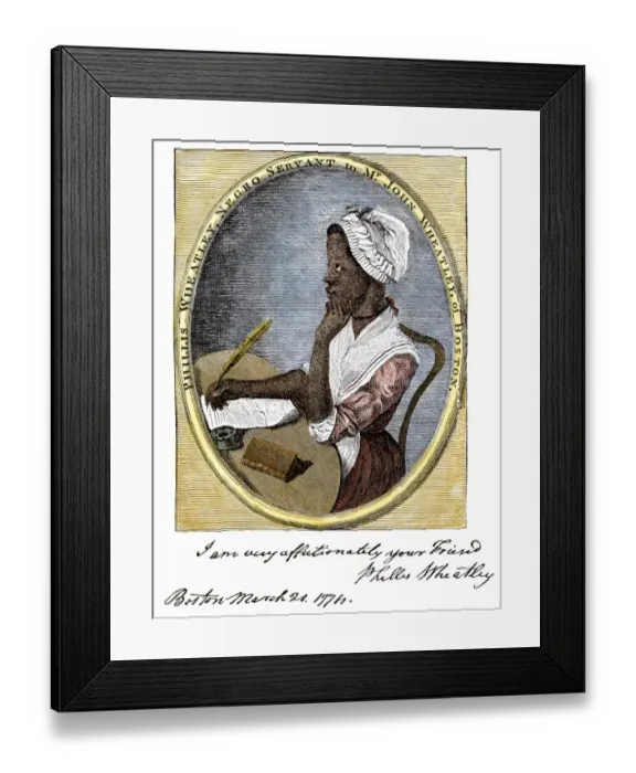 Framed Print : Poet Phyllis Wheatly. Hand-colored woodcut of an 18th-century illustration