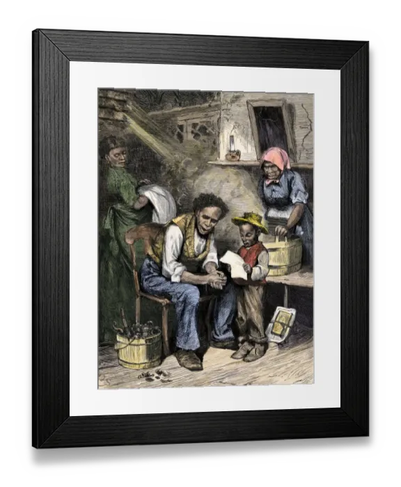 Framed Print : African-American boy reading to his family of former slaves