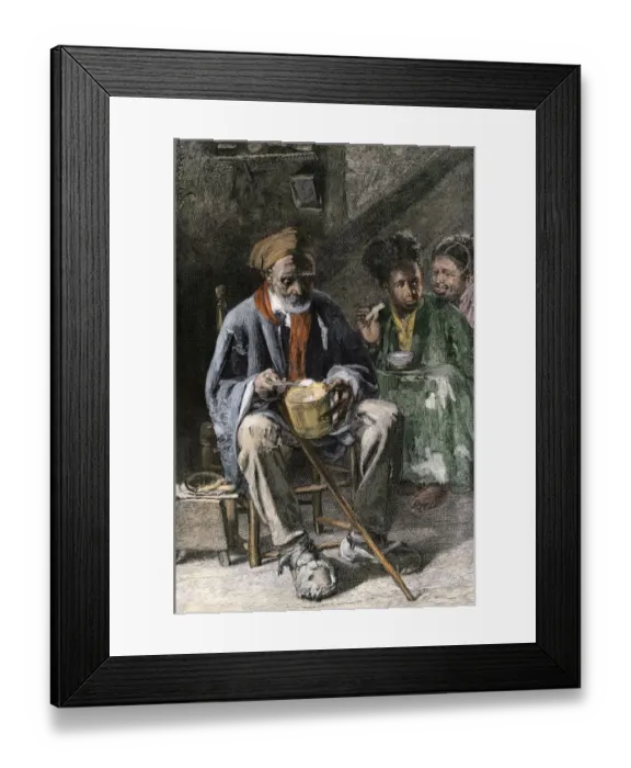 Framed Print : African-American family eating hoe-cake and clabber in a cabin