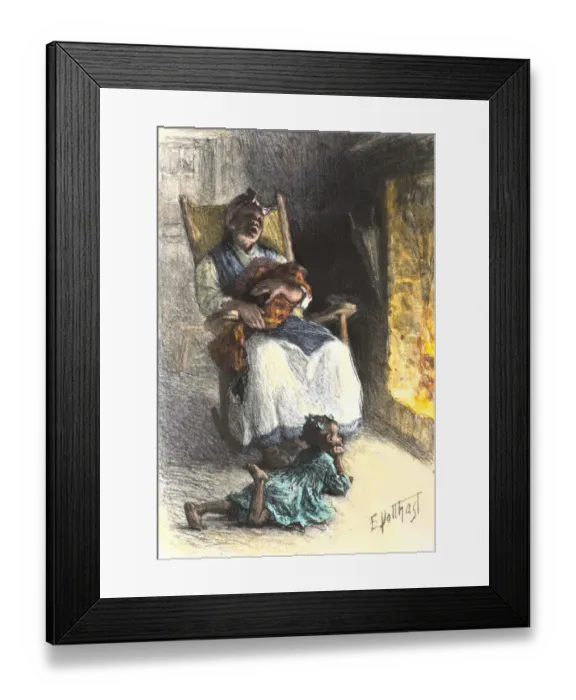 Framed Print : African-American mother rocking and singing to her children in a cabin