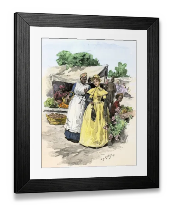 Framed Print : Southern lady and her African-American slave in an outdoor market Framed Print : Southern lady and her African-American slave in an outdoor market