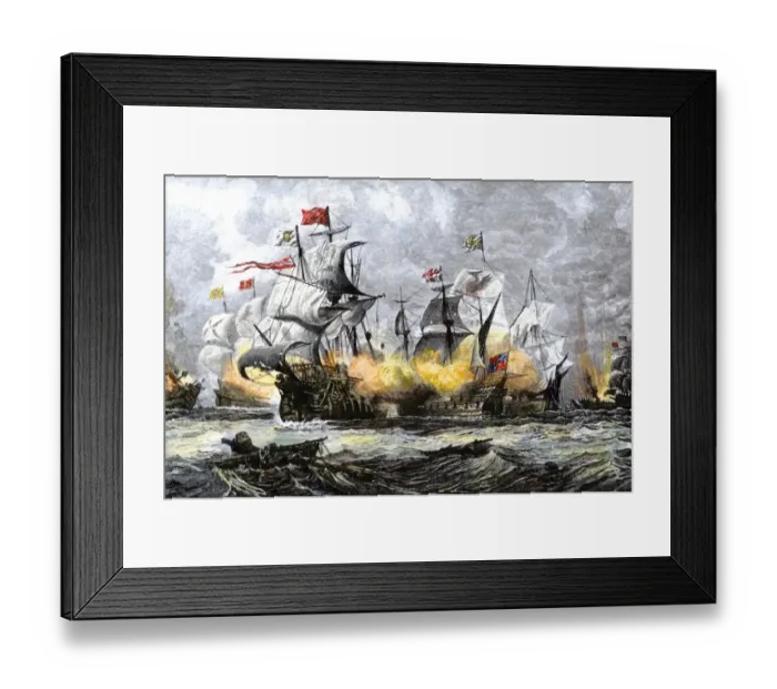 Framed Print : English warship Vanguard attacking the Spanish Armada Framed Print : English warship Vanguard attacking the Spanish Armada