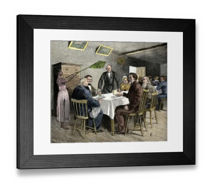 Framed Print : Plantation dinner guests fanned by a slave in the Deep South Hand-colored Framed Print : Plantation dinner guests fanned by a slave in the Deep South Hand-colored