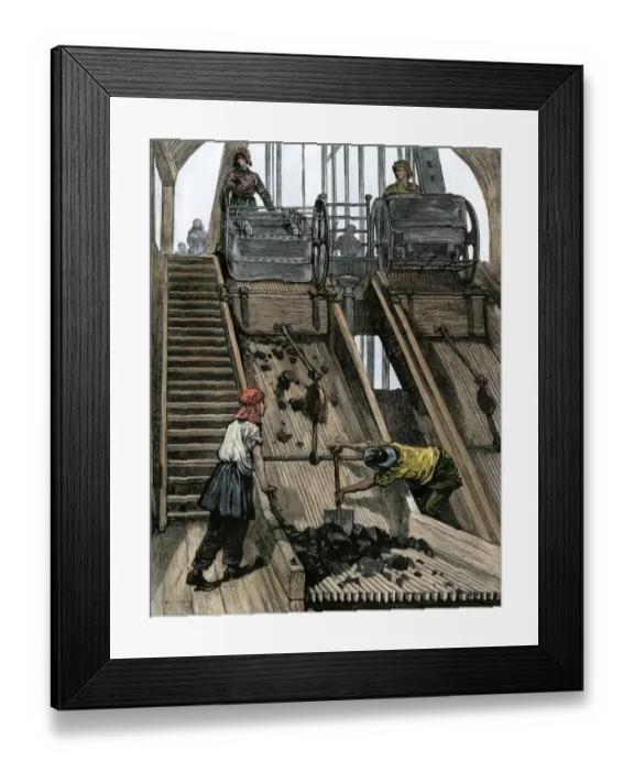 Framed Print : Women screening coal coming out of a mine in England Framed Print : Women screening coal coming out of a mine in England
