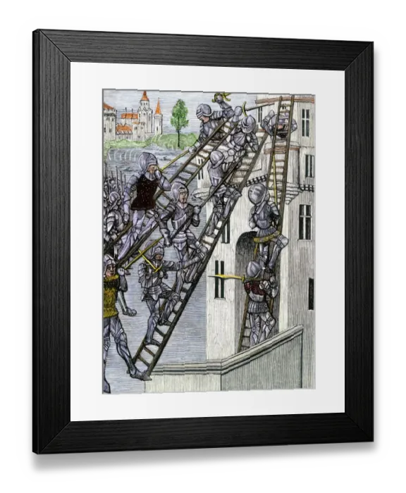 Framed Print : Scaling walls of a fort during the Hundred Years War Framed Print : Scaling walls of a fort during the Hundred Years War