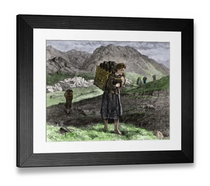 Framed Print : Barefoot Irish peat-gatherers on the moors