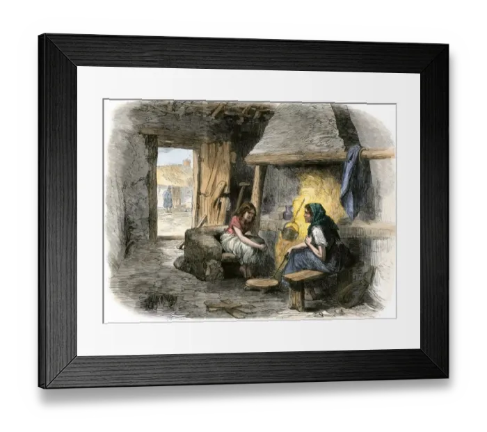 Framed Print : Interior of a poor Irish familys mud cabin in County Kildare Framed Print : Interior of a poor Irish familys mud cabin in County Kildare