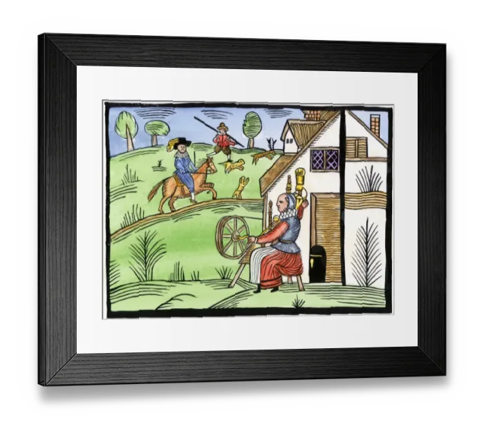 Framed Print : A rural English cottage, with a woman spinning Framed Print : A rural English cottage, with a woman spinning