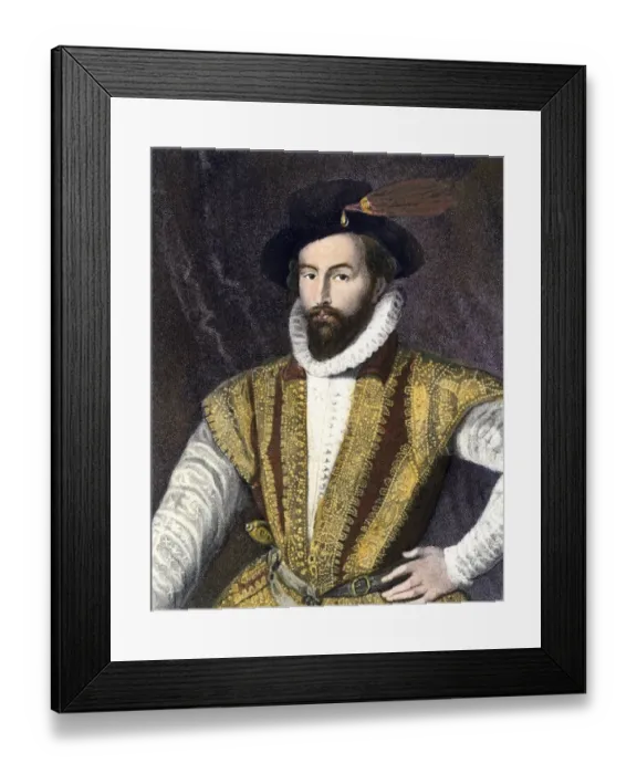 Framed Print : Sir Walter Raleigh. Hand-colored engraving of a painting Framed Print : Sir Walter Raleigh. Hand-colored engraving of a painting