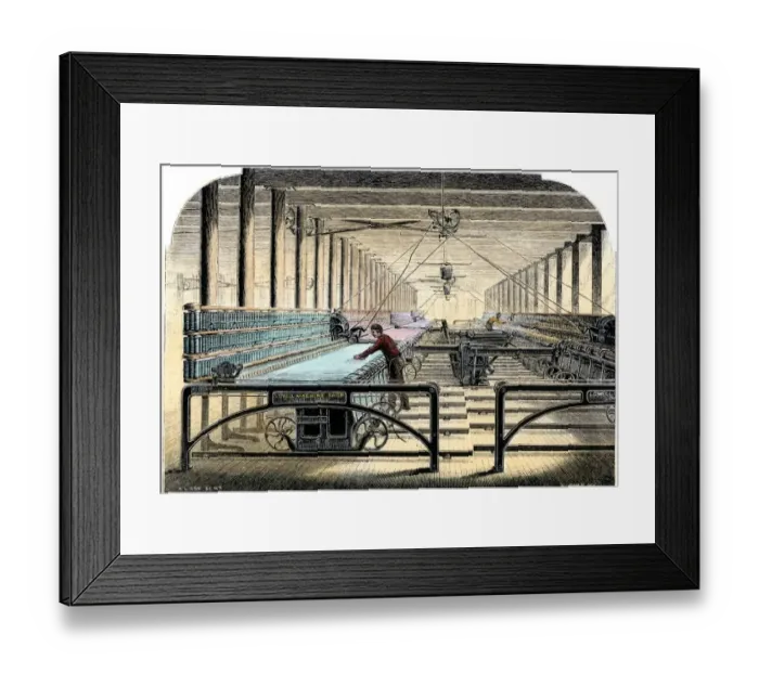 Framed Print : MIll worker tending mule-spinners
