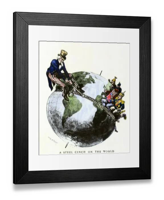 Framed Print : Uncle Sam applying a steel cinch on the globe