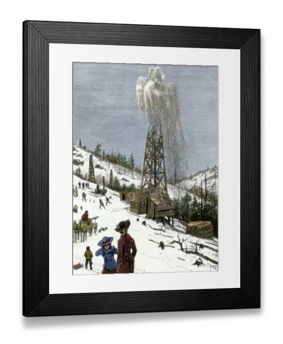 Framed Print : Early oil well gushing in Pennsylvania 1880s Framed Print : Early oil well gushing in Pennsylvania 1880s