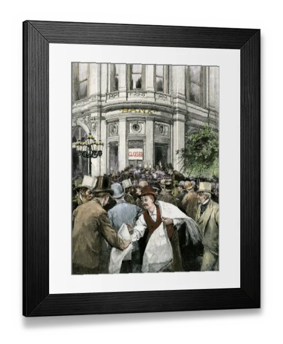Framed Print : Depositors making a run on a bank during a financial panic in the 1800s