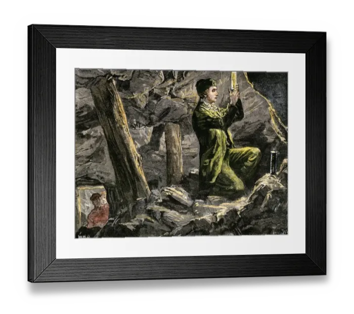 Framed Print : George Stephenson experimenting with his safety lamp in an English coal mine