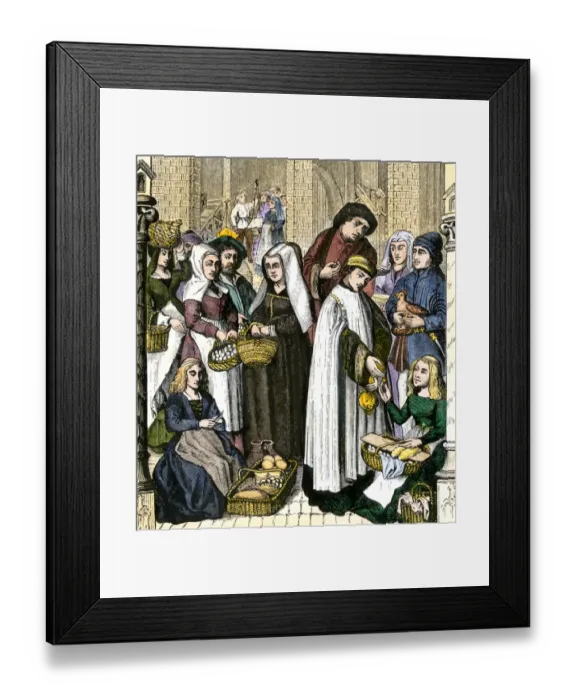 Framed Print : Clergy collecting tax from medieval merchants Framed Print : Clergy collecting tax from medieval merchants