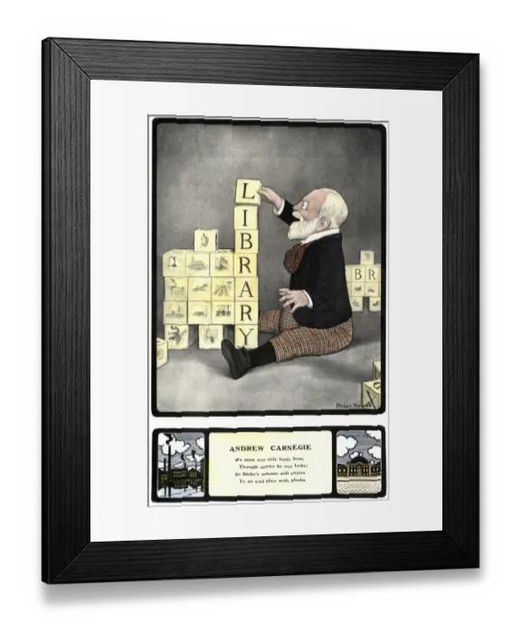 Framed Print : Cartoon of Andrew Carnegie playing with blocks that spell LIBRARY Framed Print : Cartoon of Andrew Carnegie playing with blocks that spell LIBRARY