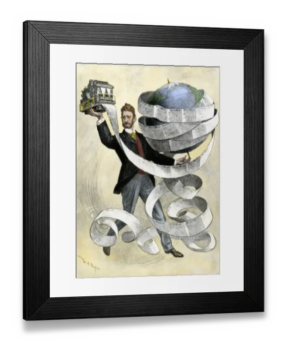 Framed Print : Joseph Pulitzer holding a press printing the New York World Framed Print : Joseph Pulitzer holding a press printing the New York World