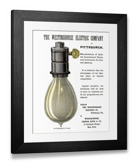 Framed Print : Westinghouse light bulb ad, 1886 Framed Print : Westinghouse light bulb ad, 1886